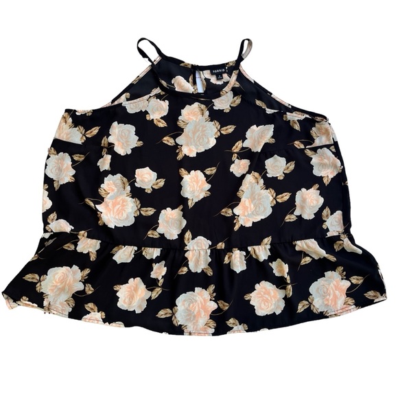 Torrid Black  Halter Tank 2x White Cream Roses Drop Peplum Waist - Picture 2 of 8